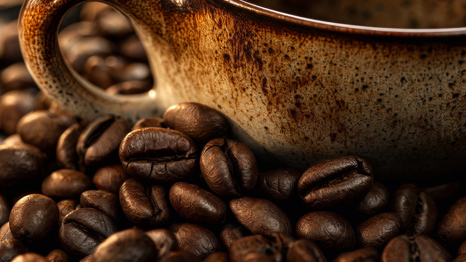 Macro detail of glossy roasted coffee beans